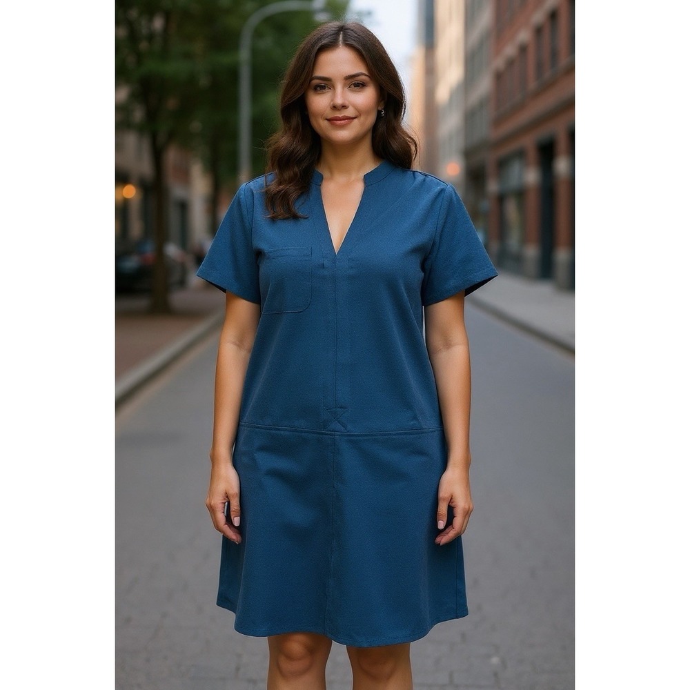Lush Women's Teal Shift Dress Size M Short Sleeve V Neck Career Work Midi